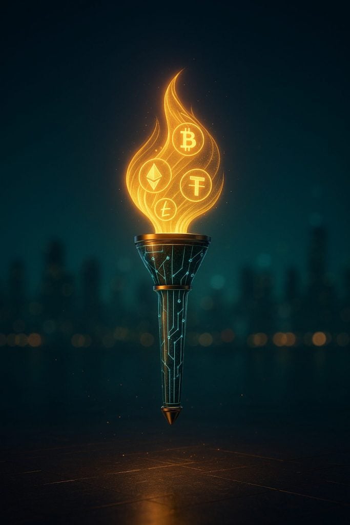 A sleek metallic torch glowing with digital blockchain energy, representing the torch being passed to a new generation of peer-to-peer crypto platforms after Paxful’s closure.