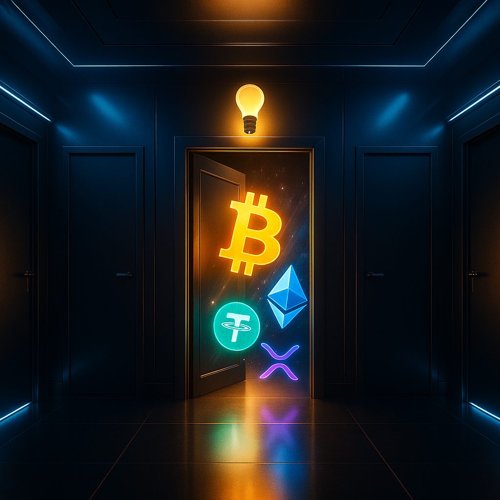 A photorealistic futuristic hallway with three sleek metallic doors; the middle door glows under a smart bulb lamp, releasing colorful Bitcoin, Ethereum, and crypto symbols — symbolizing smart, innovative peer-to-peer crypto trading in 2025.